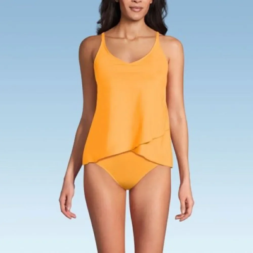 Land's End Tankini Top Tulip hem V Neck Strappy adjustable Soft Cloud Blue Var